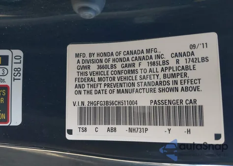 2012 Honda Civic Lx z USA, uszkodzony, nr VIN 2HGFG3B56CH511004